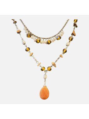 Vtg Avon Multi Strand Necklace Pearls Faux Amber Nephrite Jadeite Teardrop Boho